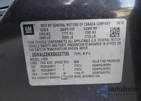 2016 Chevrolet Equinox Lt из США, поврежденный, VIN 2GNALCEKXG6337730